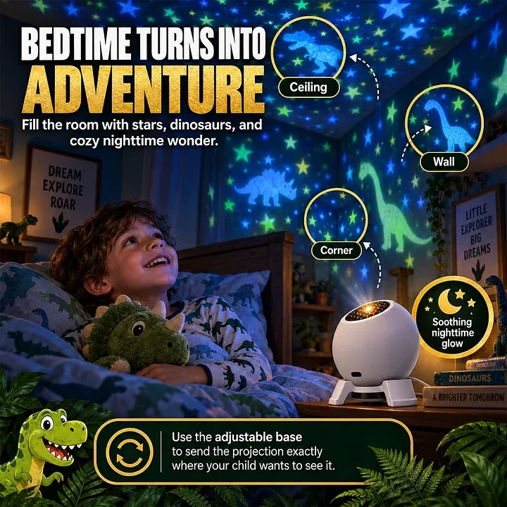 Dinosaur projector creating stars and dinosaur patterns on bedroom walls