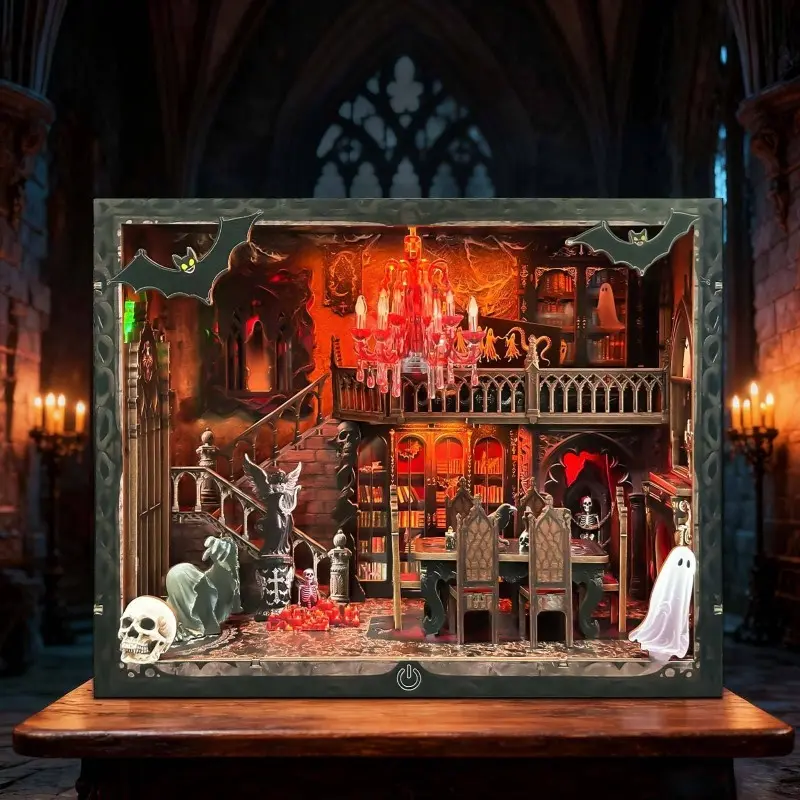 3D Wooden Miniature House Kit, Halloween Miniature Book Nook Shelf Kit