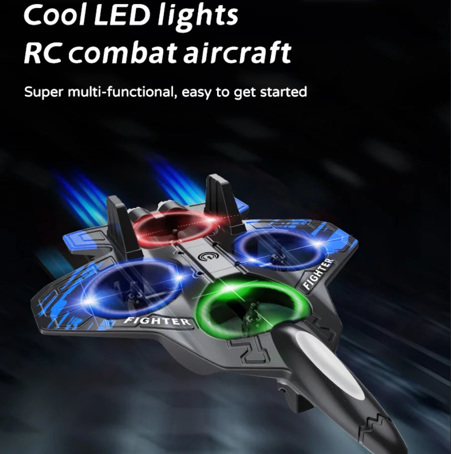 Blue L101 style RC fighter aircraft with bright colored lights and four propellers