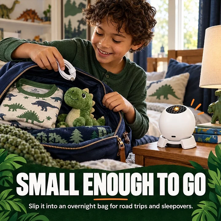 Child packing the power cable beside the compact projector