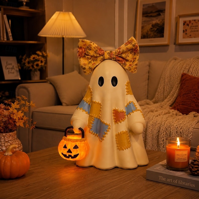🎃 Cozy Patchwork Ghost with Pumpkin Lantern – Light-Up Halloween Table Decor 👻
