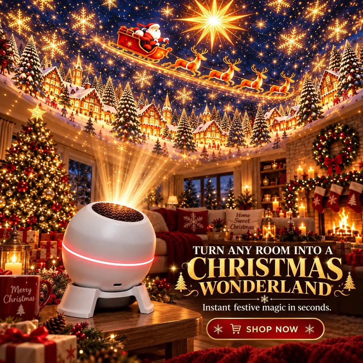 Christmas room filled with warm festive projections and compact white holiday lamp