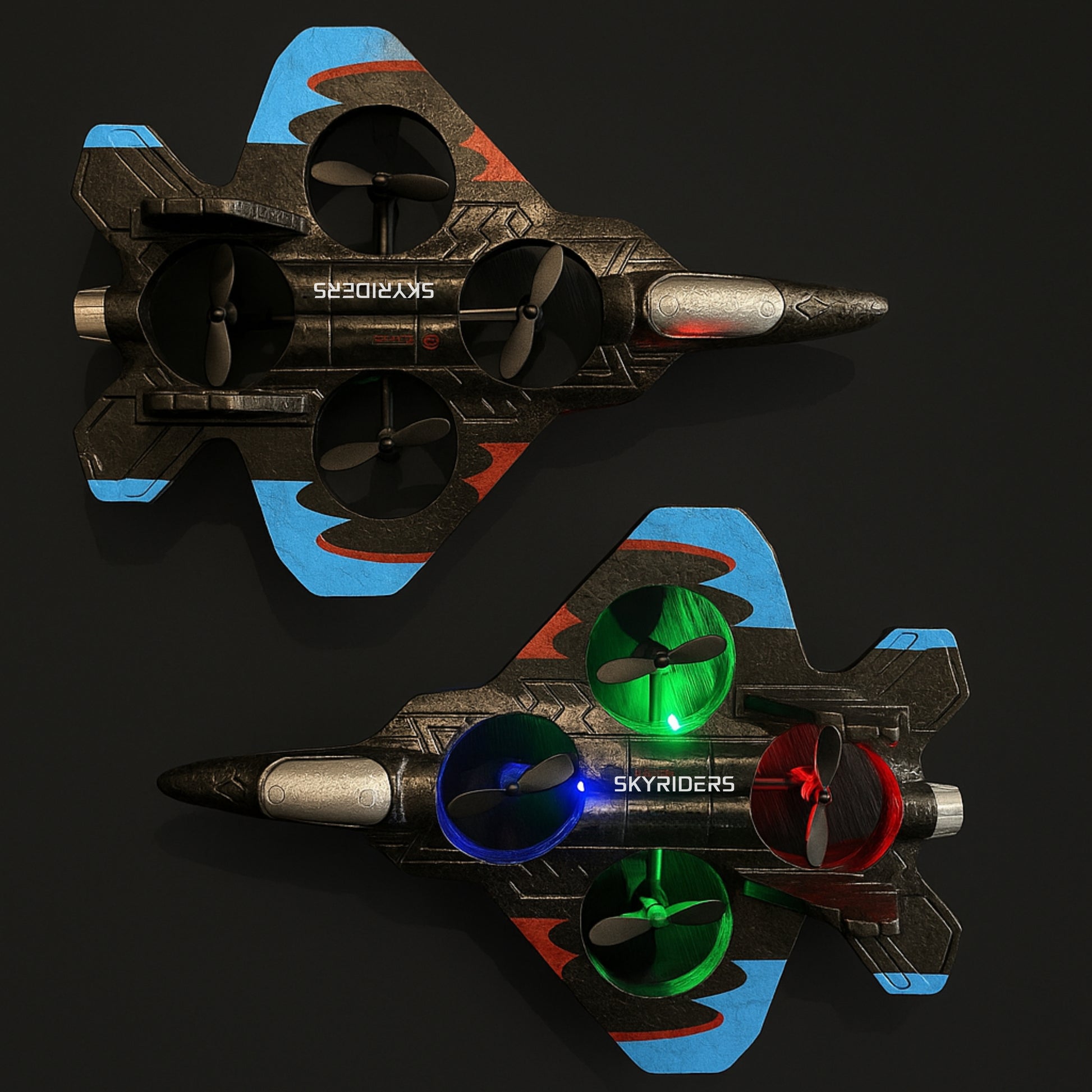 Top view of the fighter jet with and without bright colored LED lights