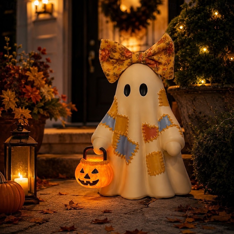 🎃 Cozy Patchwork Ghost with Pumpkin Lantern – Light-Up Halloween Table Decor 👻