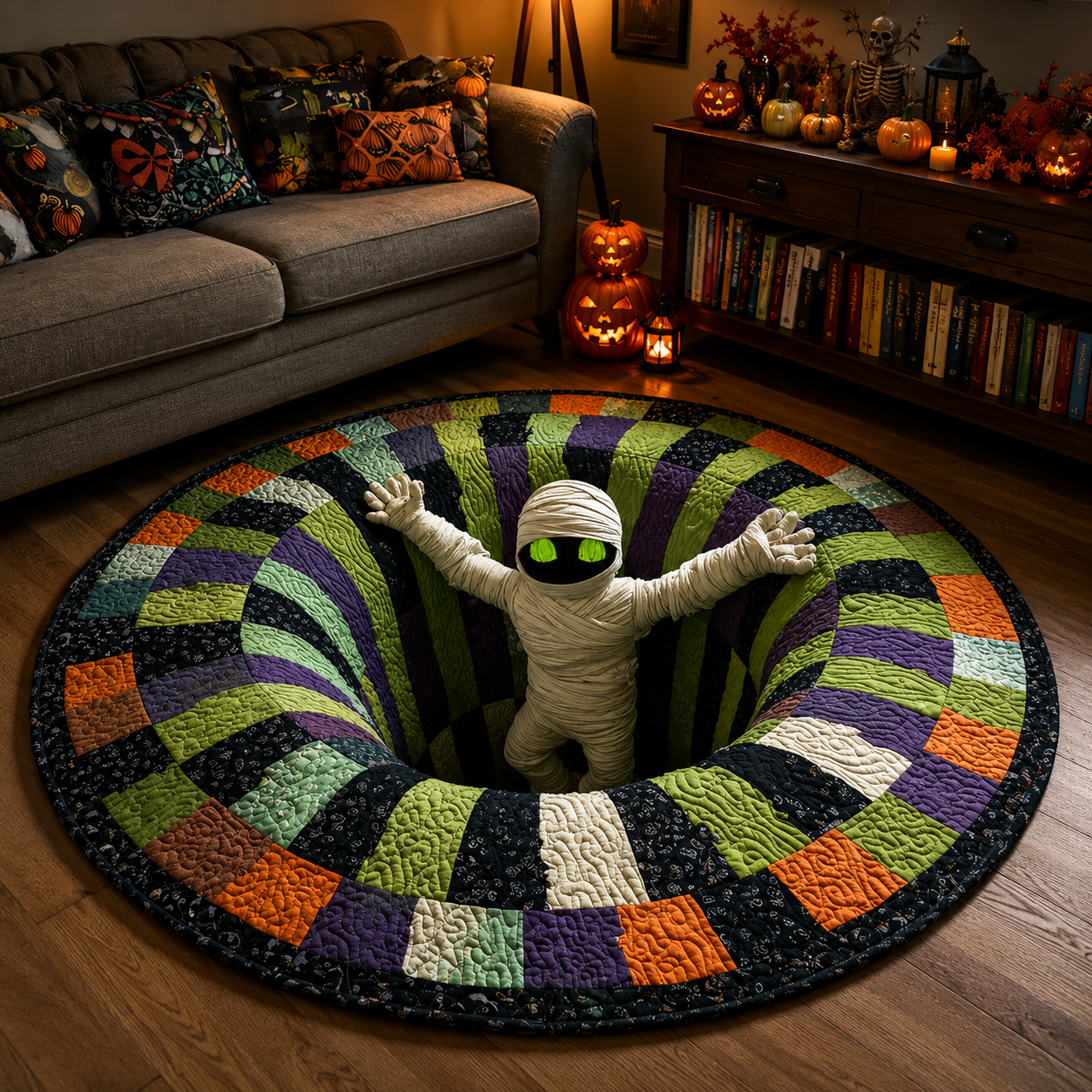 Close view of the round mat's colorful vortex optical illusion