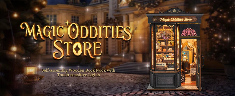 Magic Oddities Store miniature storefront illuminated at night