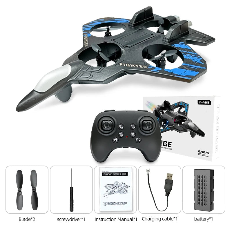 L101 reference package showing blue fighter plane, controller, extra blades, screwdriver, manual, charging cable and battery