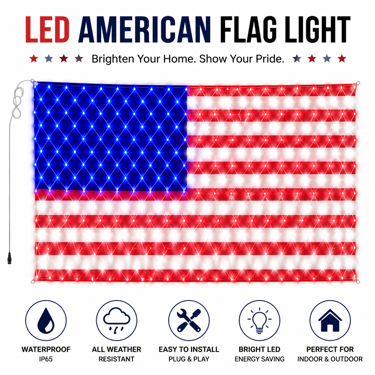 Solar Powered LED American Flag – Illuminated Waterproof Patriotic Outdoor Flag for Garage, Porch & Garden Decor