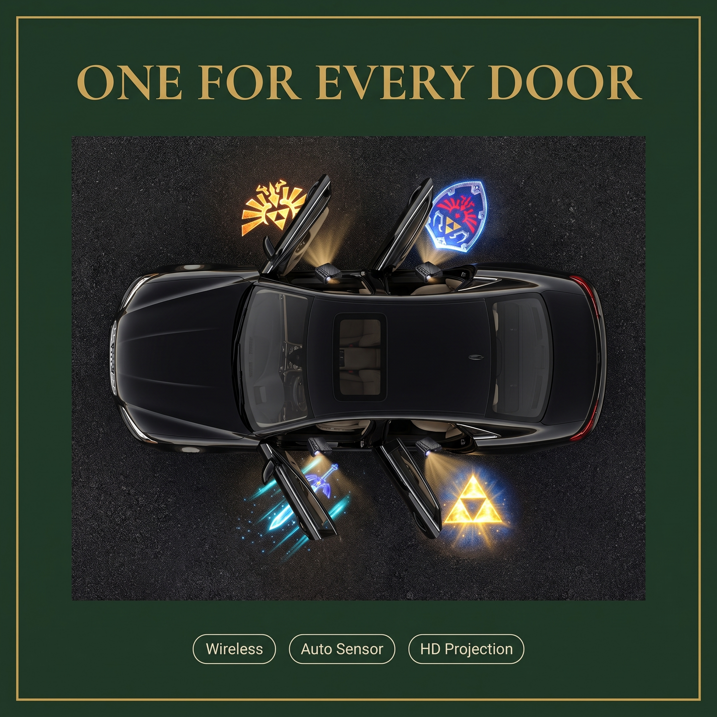 Car shown from above with four different projections at the doors