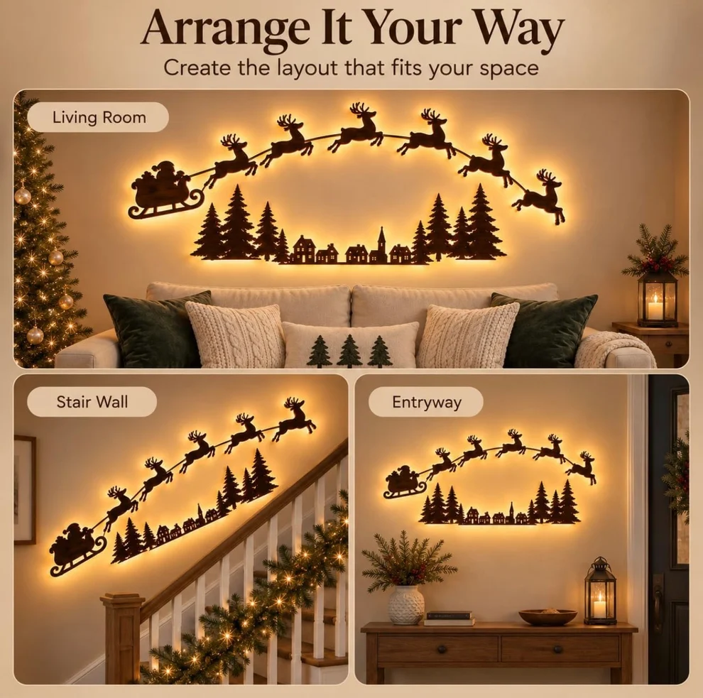 Reindeer sleigh wall light arranged in living room, stair wall and entryway