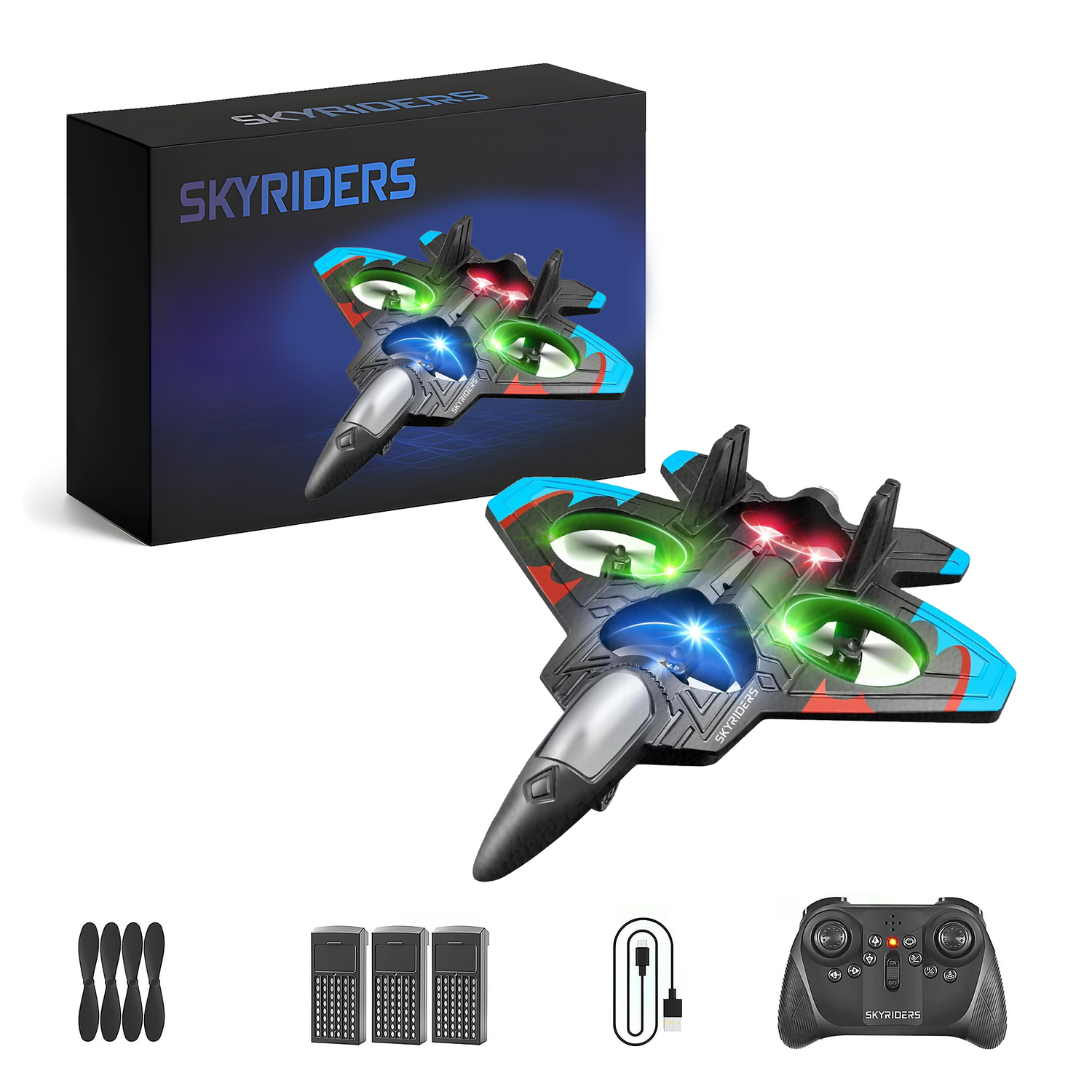 SKYRIDERS reference bundle showing jet, remote controller, batteries, charging cable and spare propellers