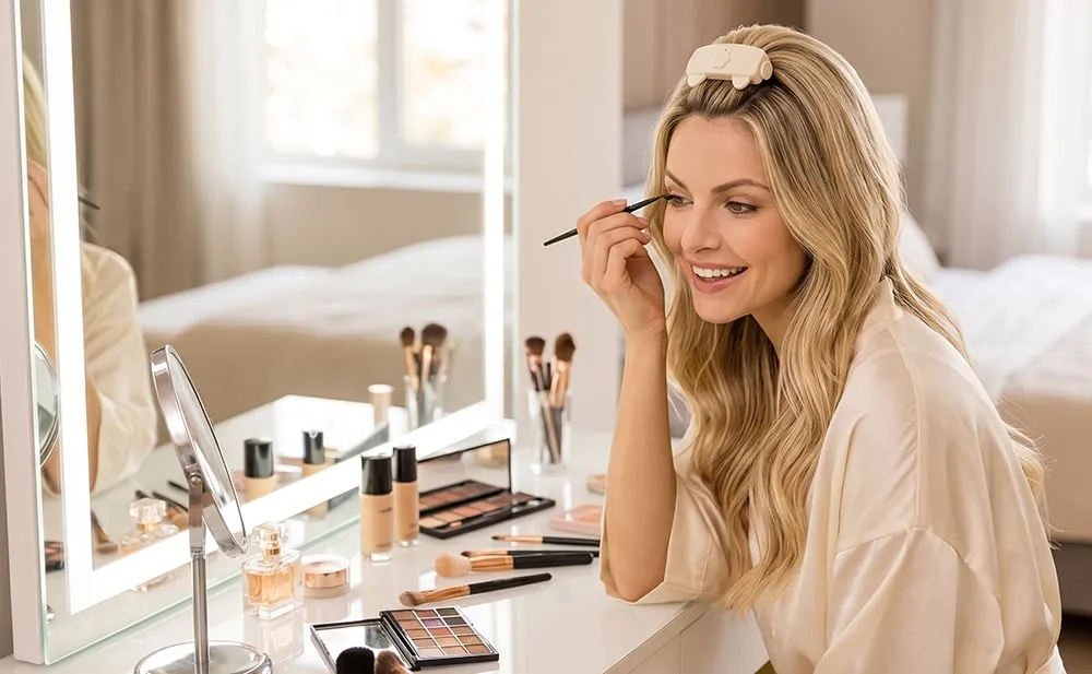 Woman at makeup mirror using a clip-in root volumizing heated comb