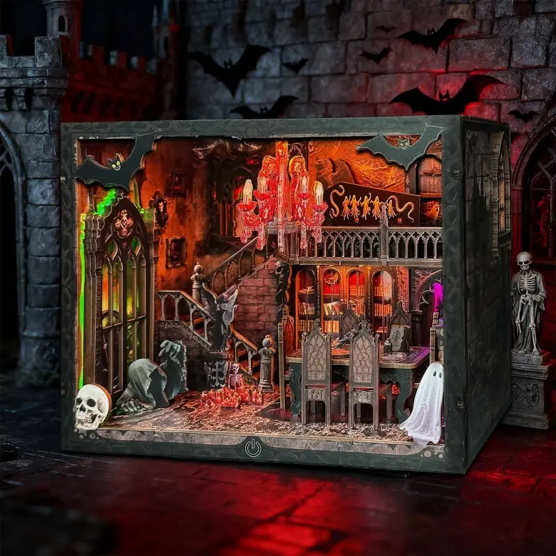 3D Wooden Miniature House Kit, Halloween Miniature Book Nook Shelf Kit