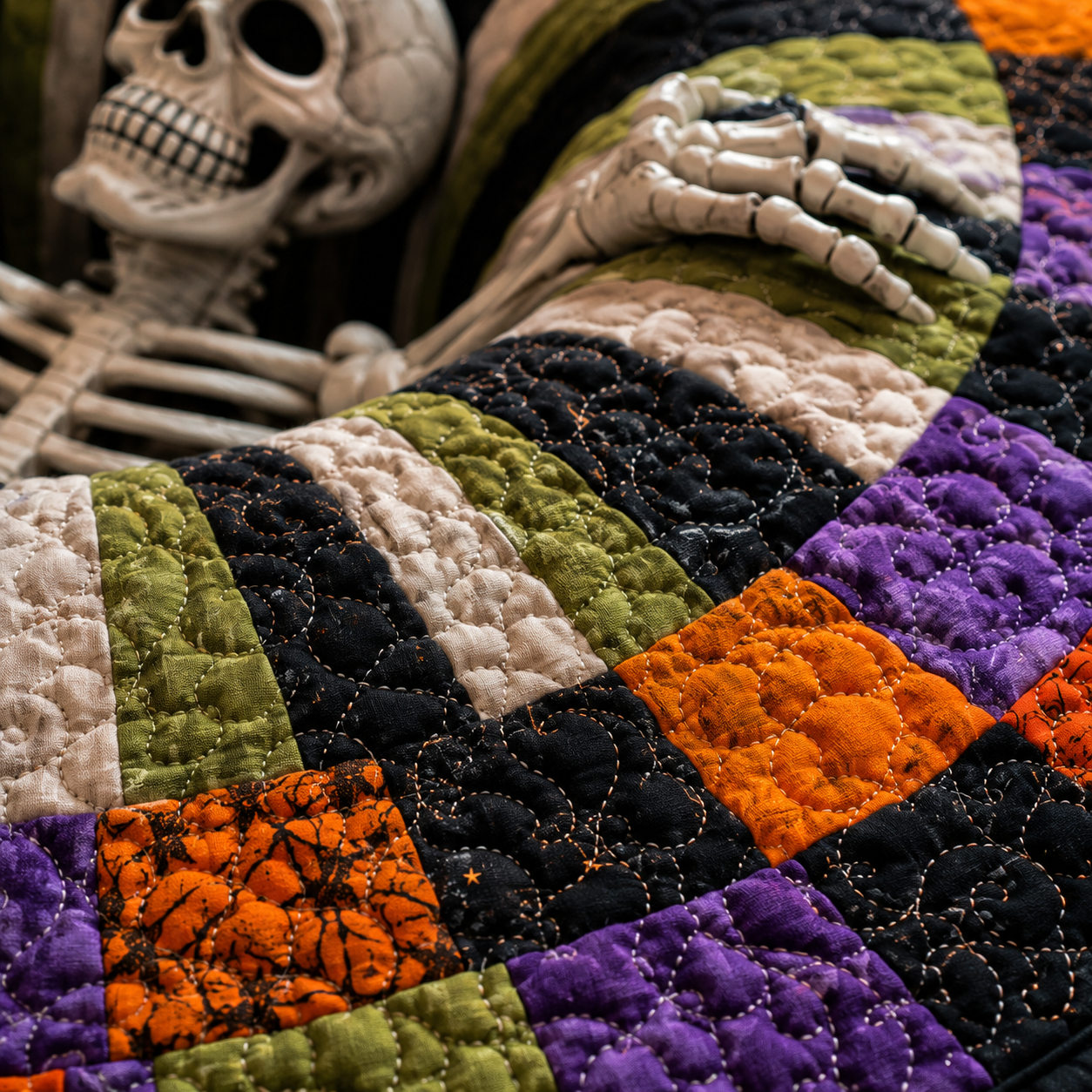Close-up of the colorful patchwork-style Halloween mat pattern