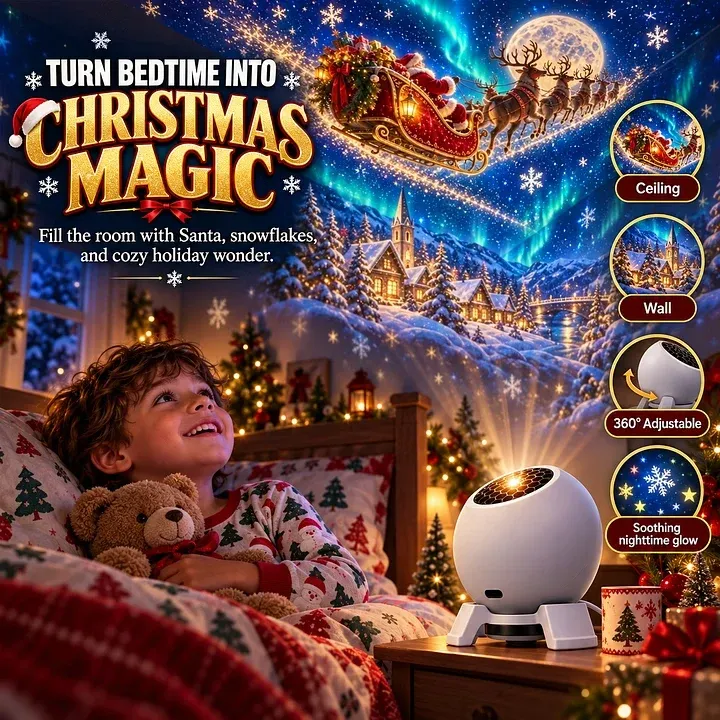 Christmas theme with Santa and winter scenes shown in a bedroom