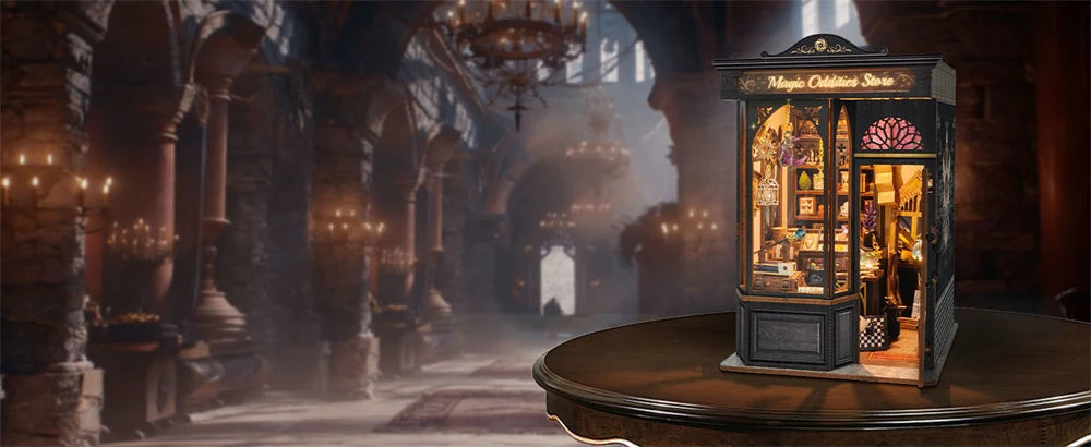 Miniature shop on a dark wooden display table