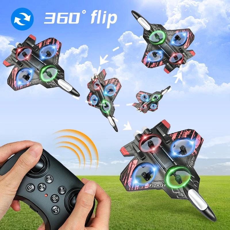 L101-style RC fighter jet performing a 360-degree flip controlled by a handheld remote