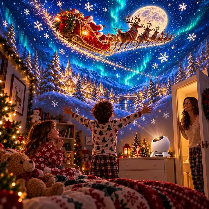 Christmas projection scene with Santa sleigh and snowy festive scenery