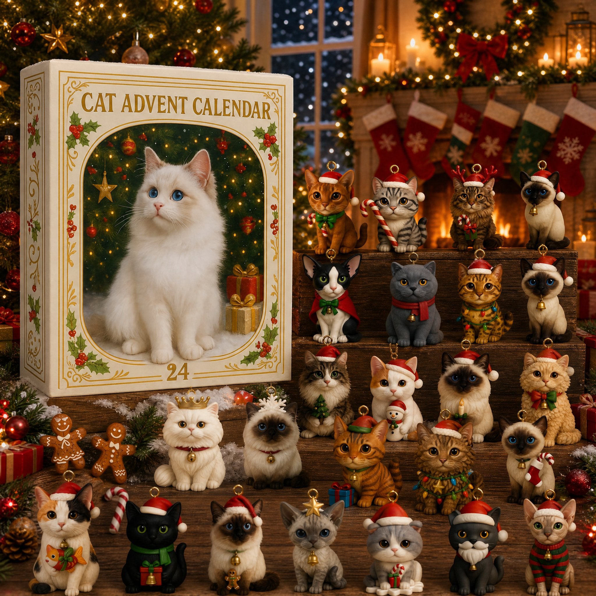 Cat advent calendar box with 24 collectible festive cat figures