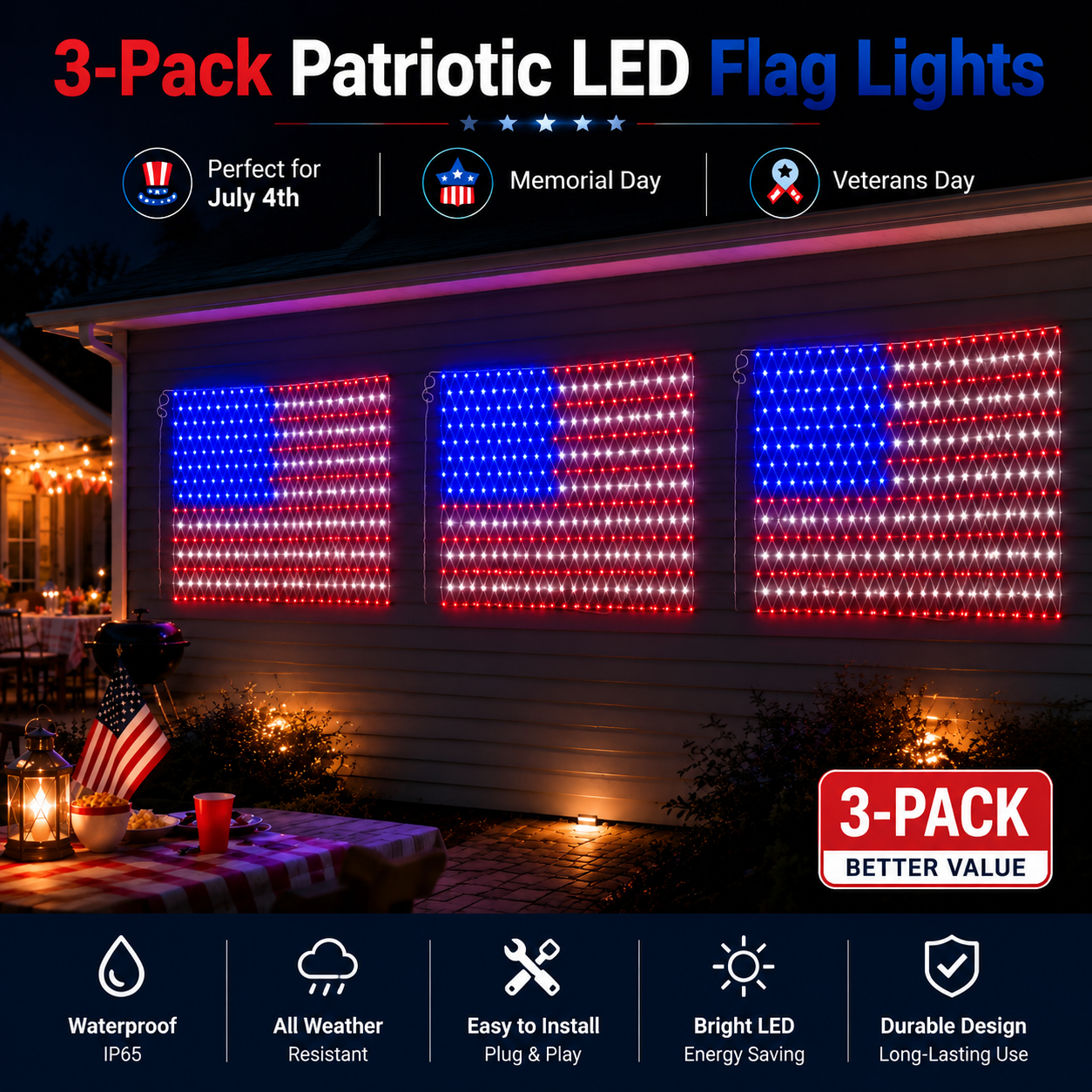 Solar Powered LED American Flag – Illuminated Waterproof Patriotic Outdoor Flag for Garage, Porch & Garden Decor