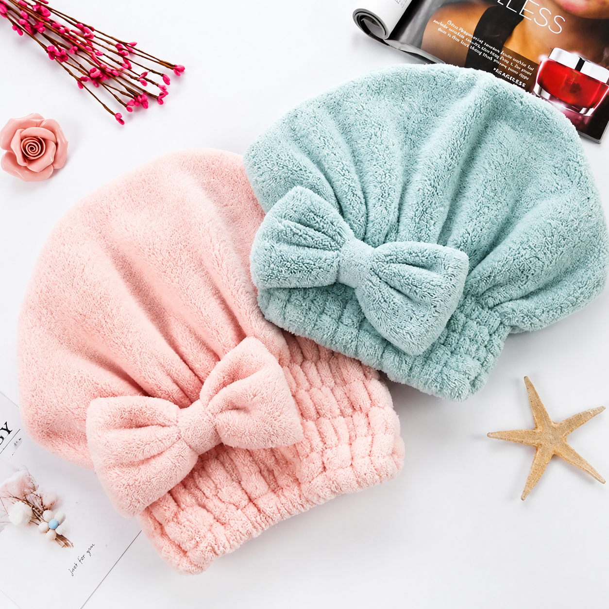 Women's 2-Piece/4-Piece Hair Care Set – Ultra-Absorbent Shower & Hair Drying Caps with Bow Design