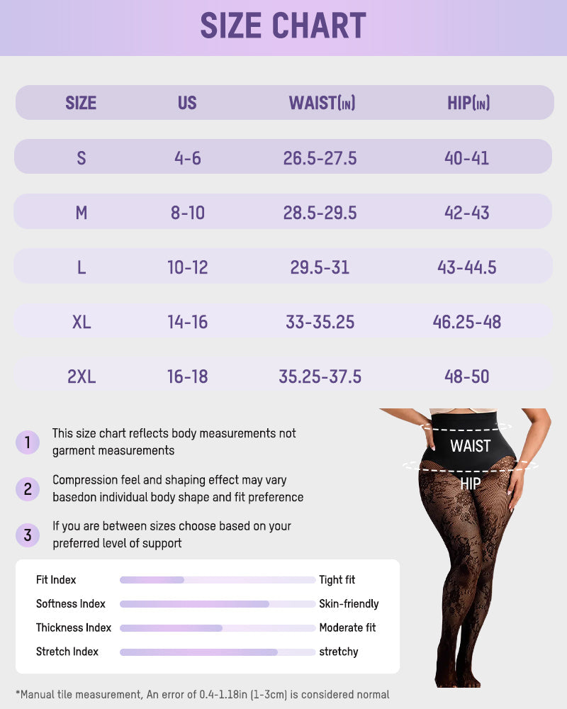 Original size chart for floral lace shaping tights; compare waist and hip measurements