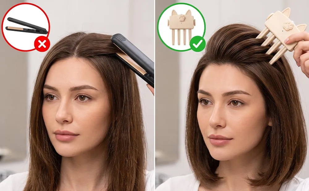 Side by side look at root styling versus a traditional flat iron