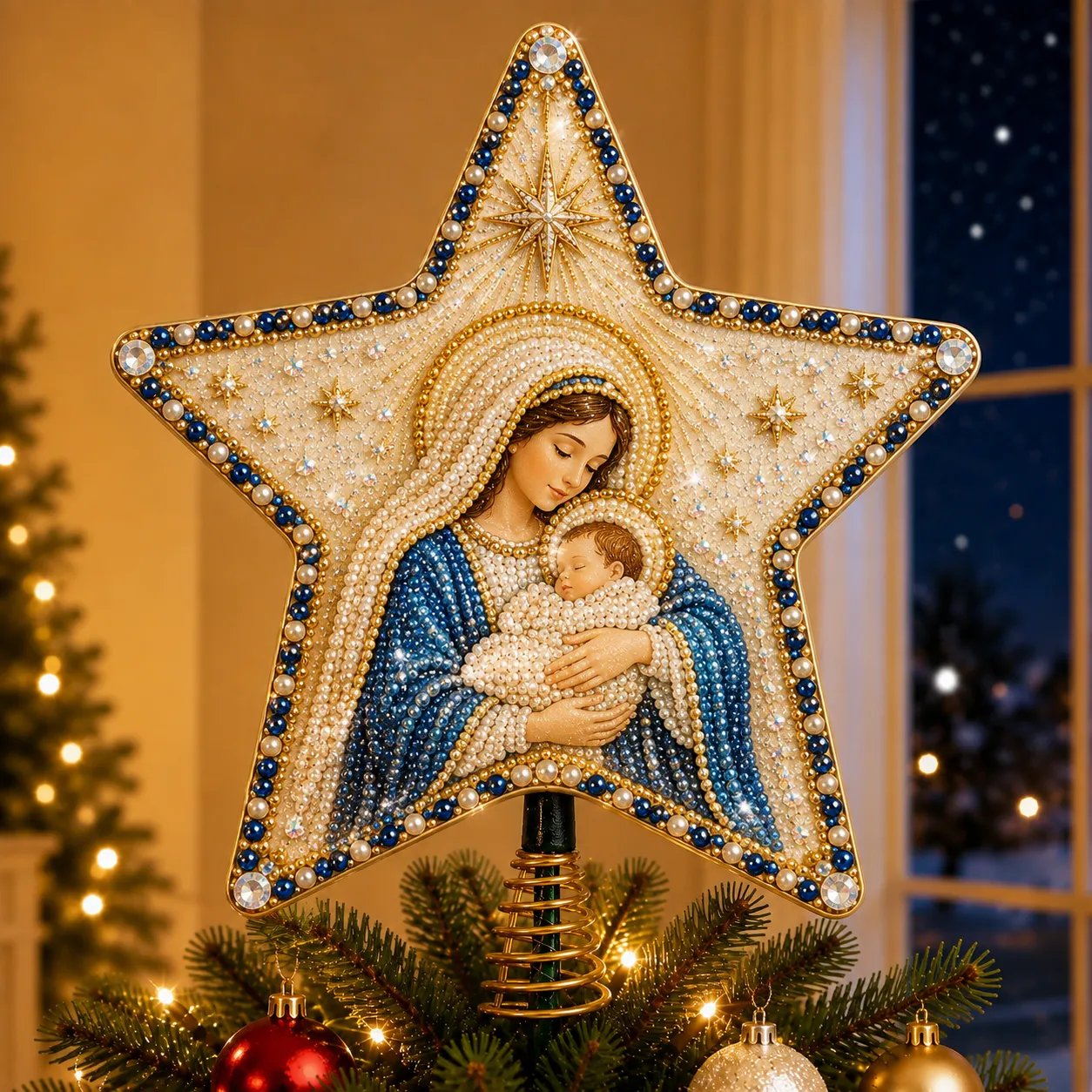 Mary and Baby Jesus pearl diamond art Christmas tree topper