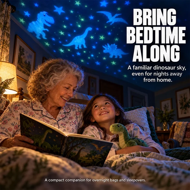 Grandparent and child sharing a story under dinosaur projections