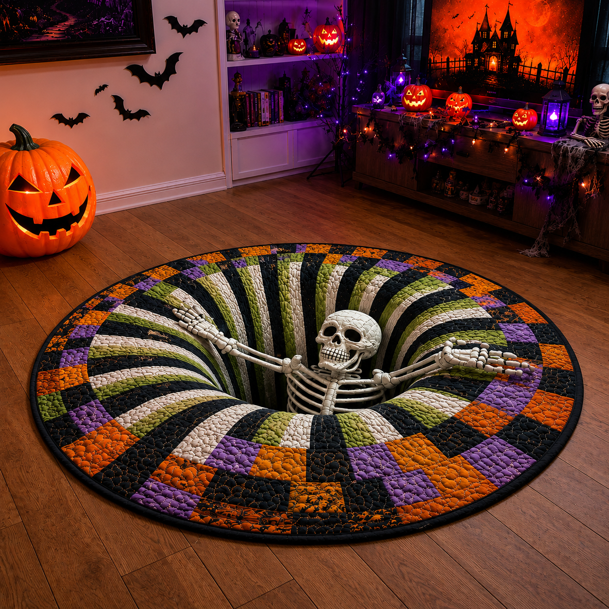Skeleton Vortex Quilted Round Mat displayed as a Halloween floor portal