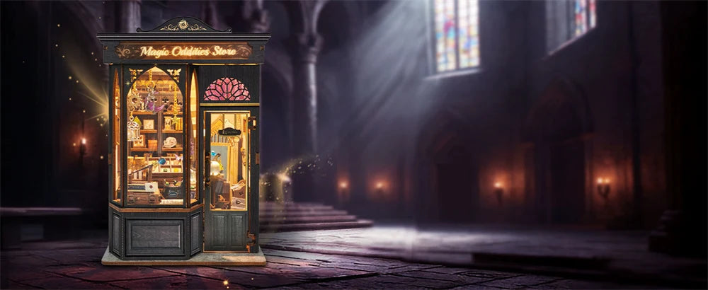 Warmly illuminated shop in a reading room