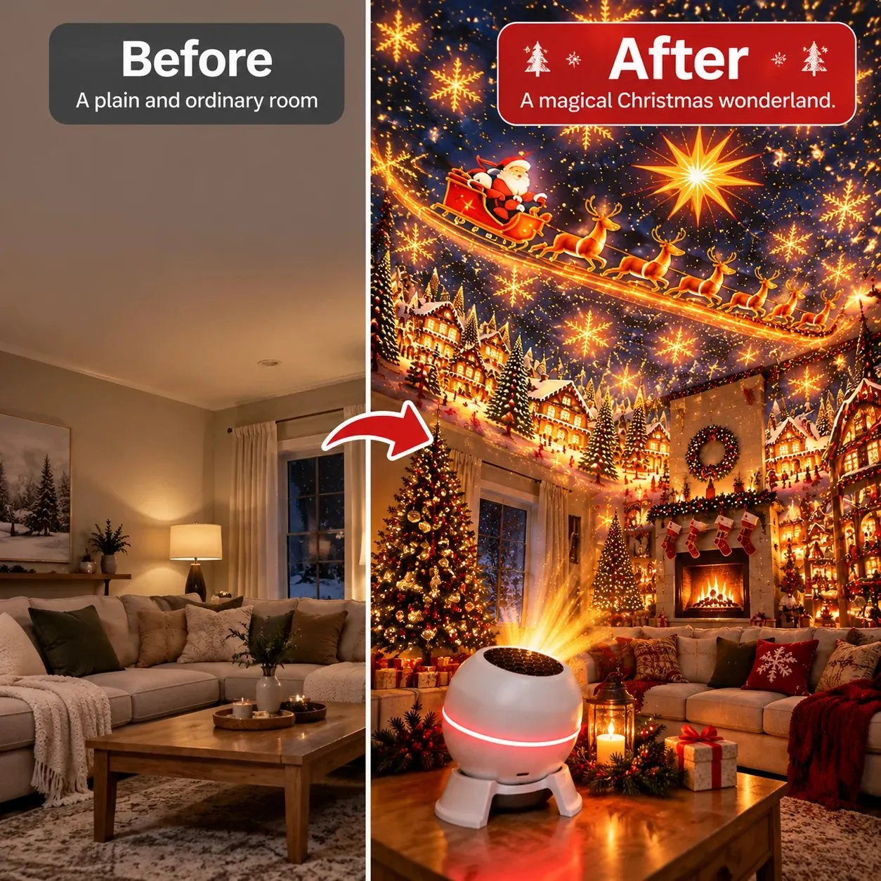 Living room before and after adding a Christmas projector