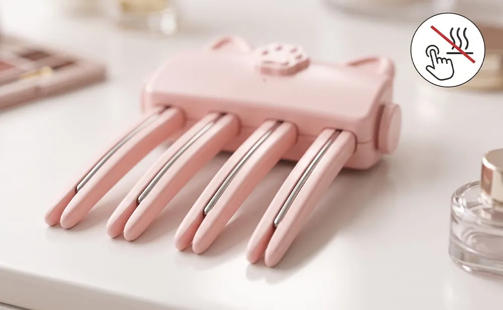 Close-up of pink volumizing heated comb and rounded comb teeth