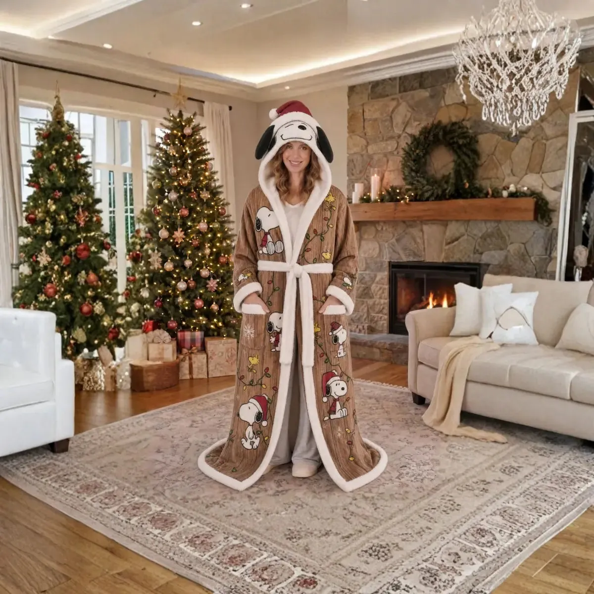 Cozy character-inspired hooded blanket robe in holiday living room