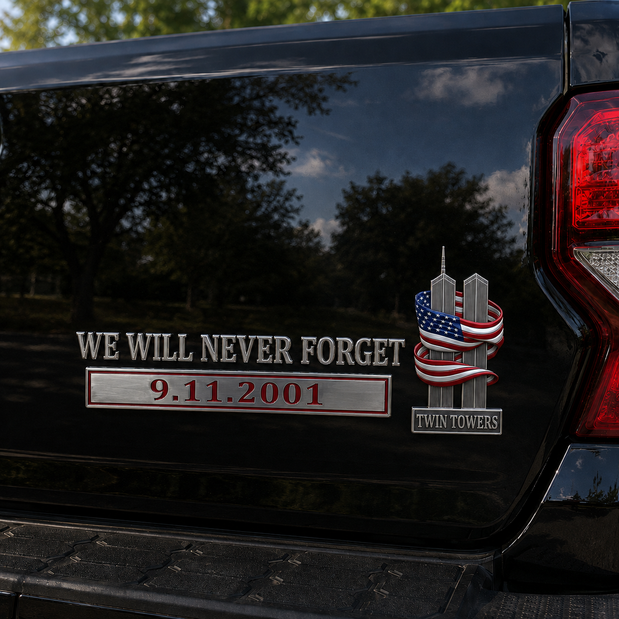 We Will Never Forget – 9.11.2001 Memorial Car Emblem