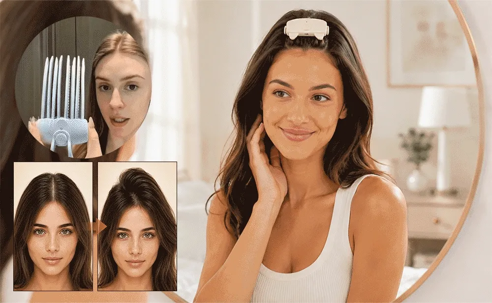 Woman demonstrating a root volumizing heated styling comb