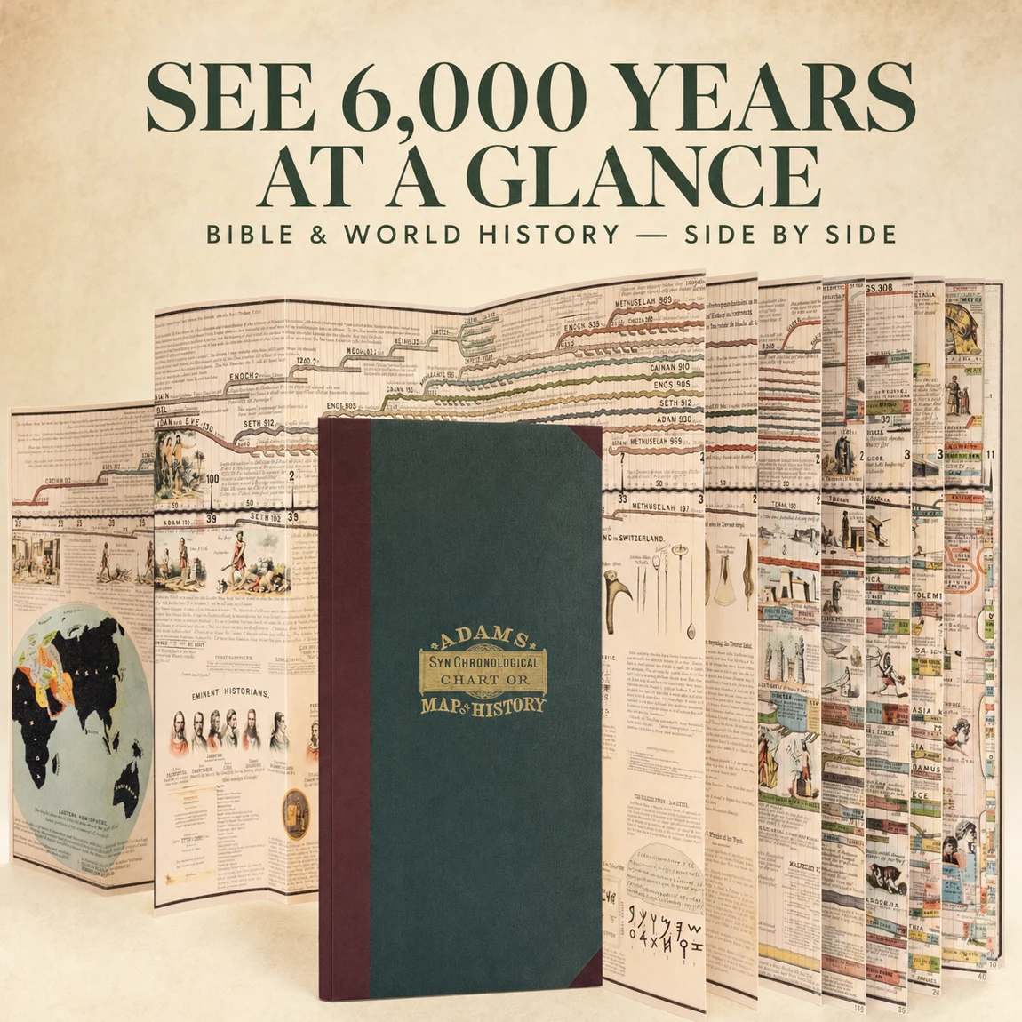 Adams fold-out history chart and hardcover with biblical and world history artwork