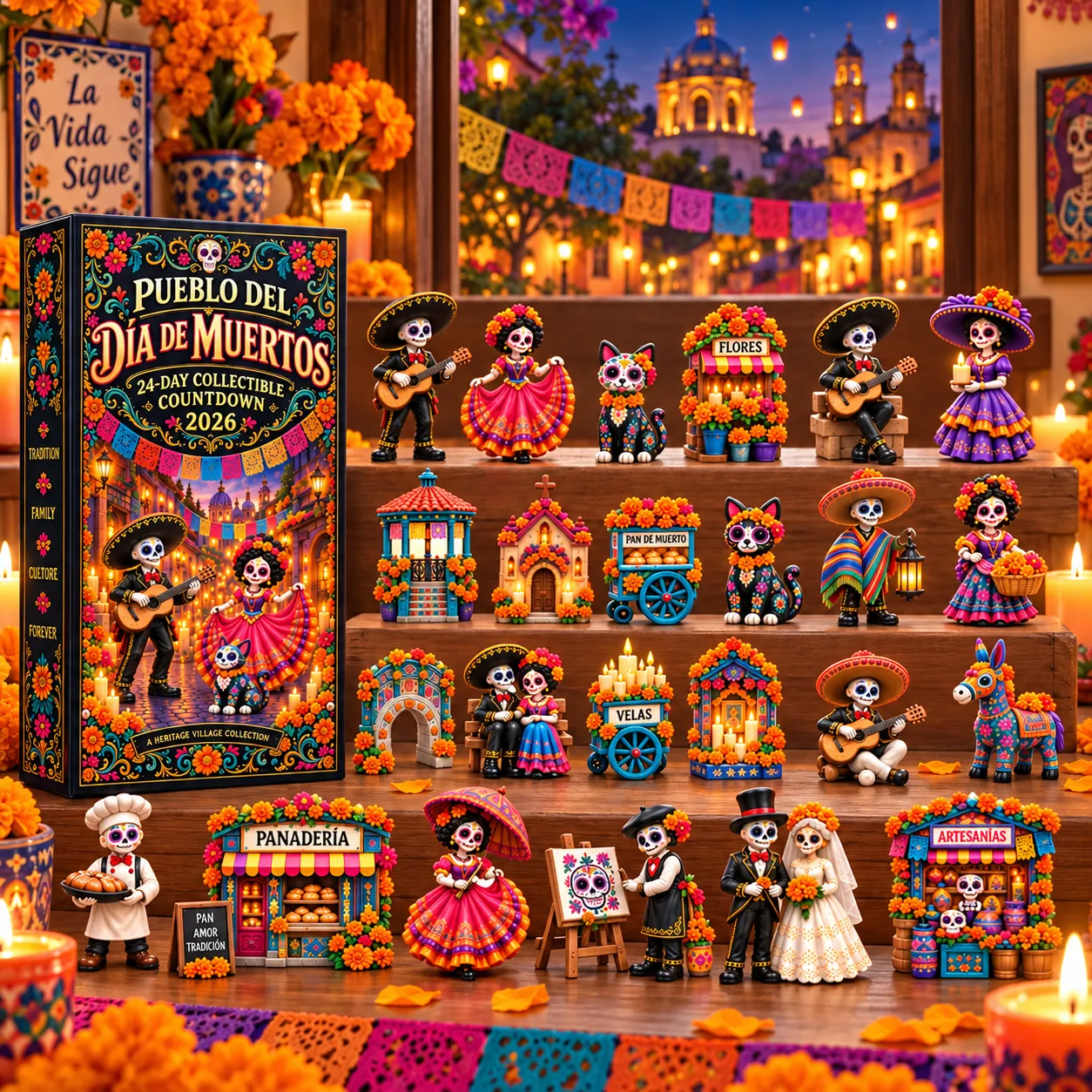 Colorful village miniatures displayed beside the 2026 countdown box