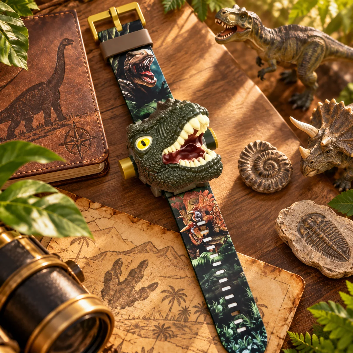Dinosaur flip-top projector watch styled in a prehistoric adventure scene