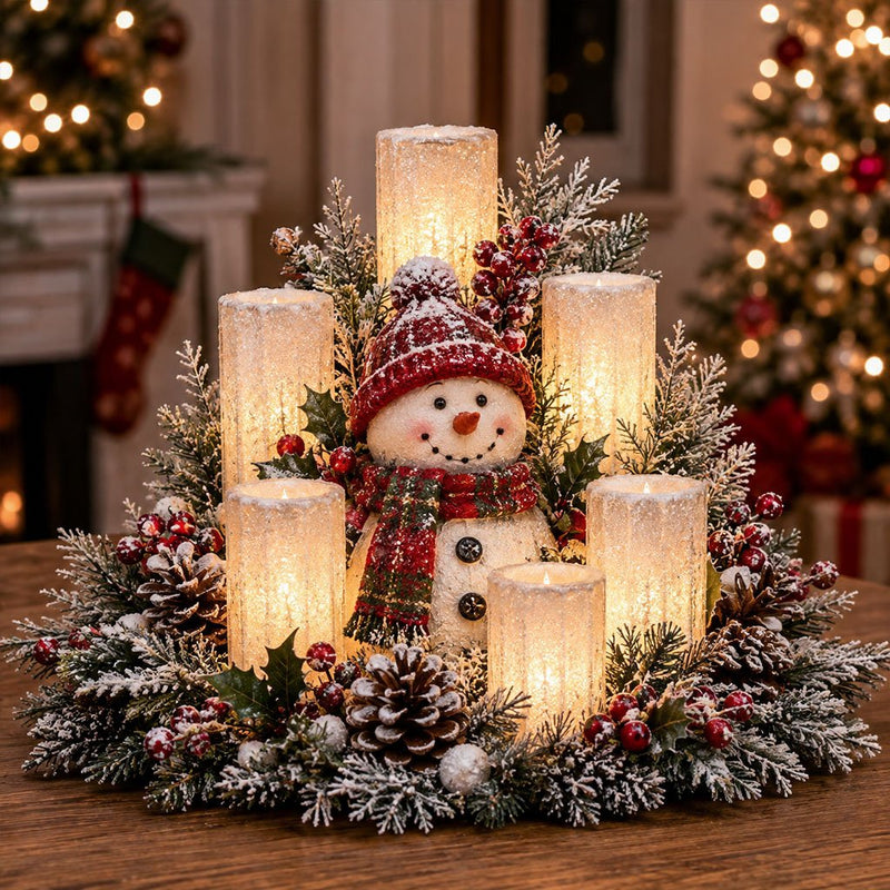 Snowman Christmas centerpiece with glowing flameless candle-style columns