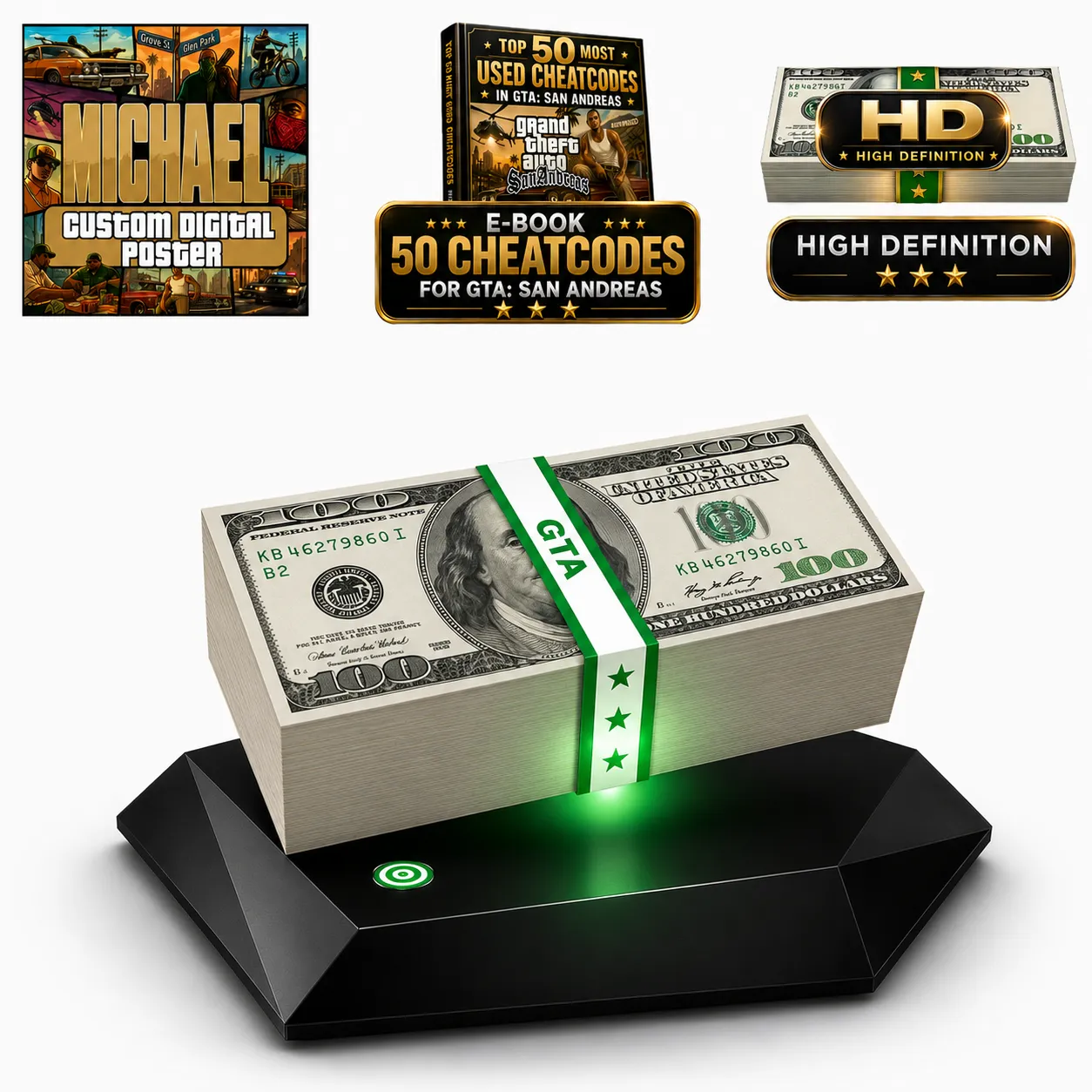 GTA-inspired levitating cash display on a black magnetic light base