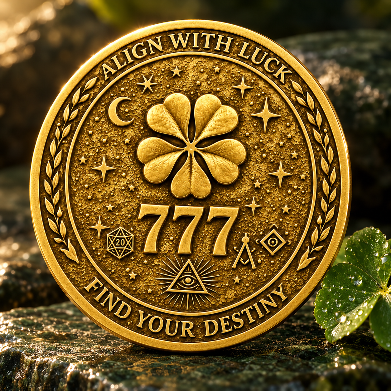 Clover motif and 777 lettering surrounded by stars and a crescent moon