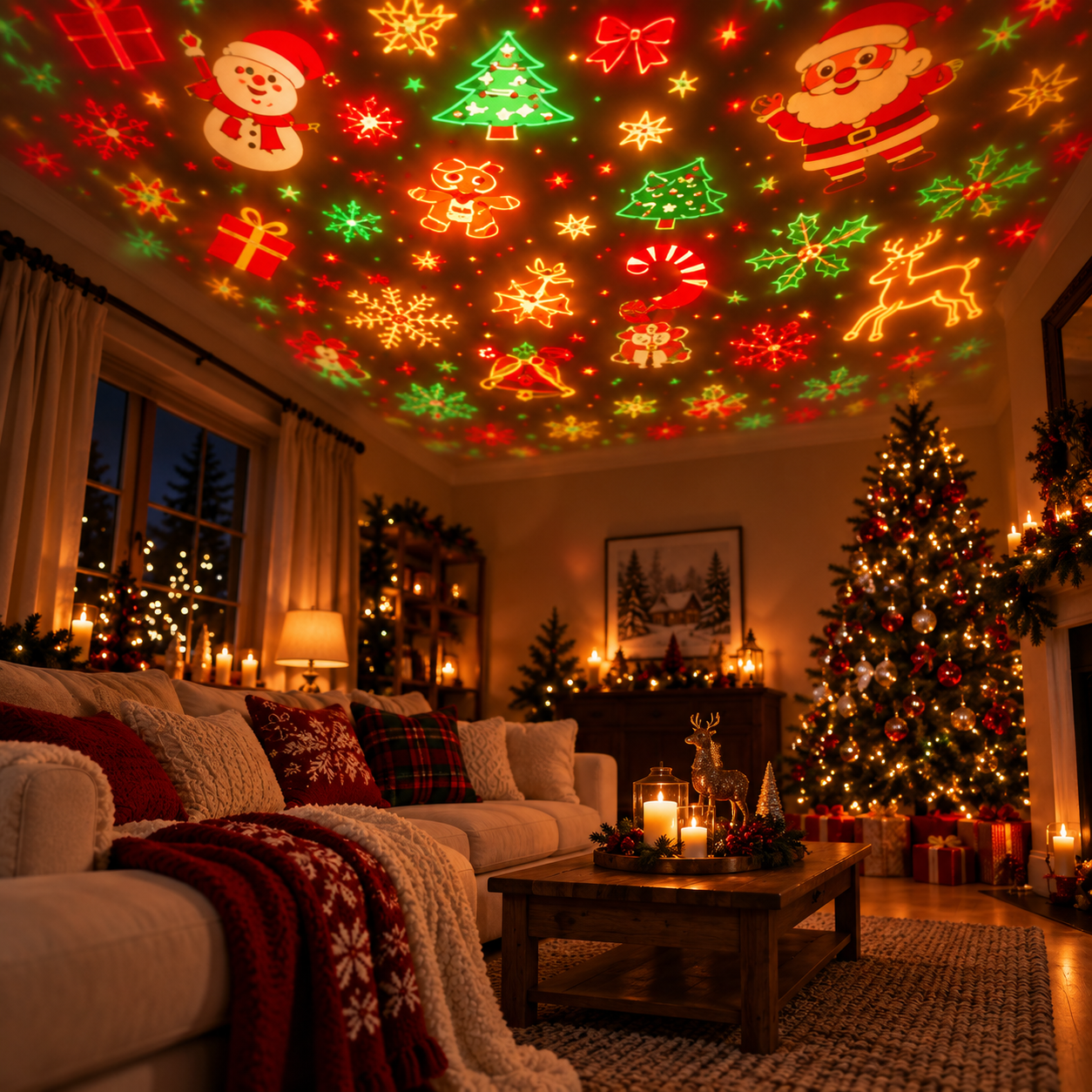 Illustrative Christmas projection living room