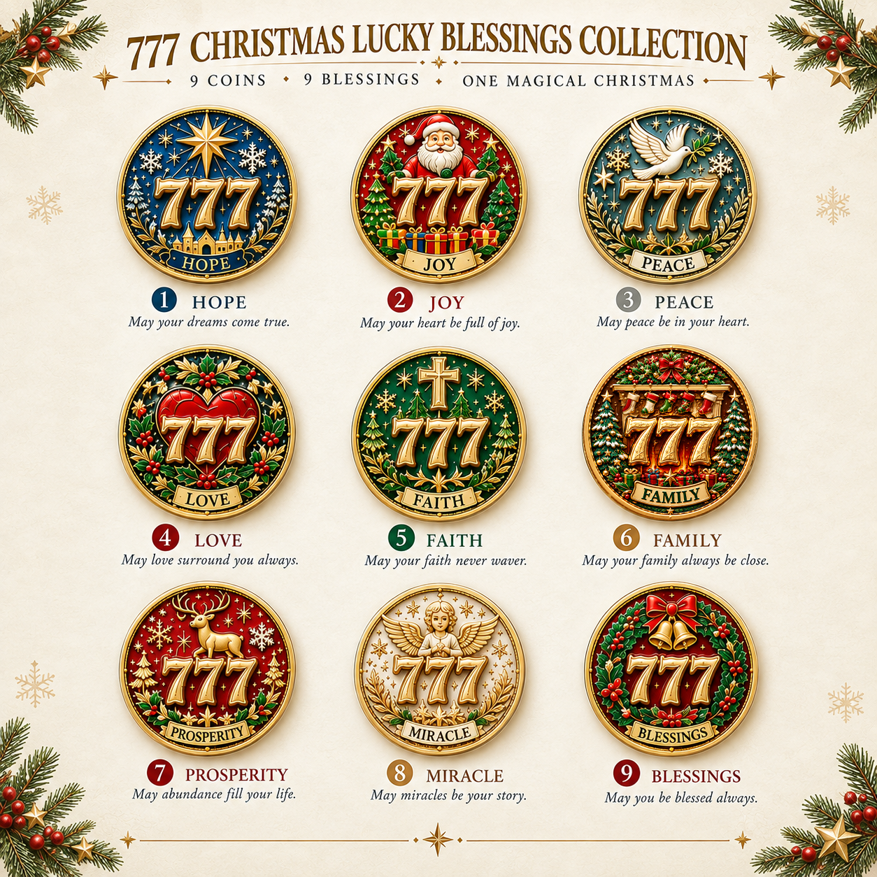 All nine Christmas coin designs and blessing names