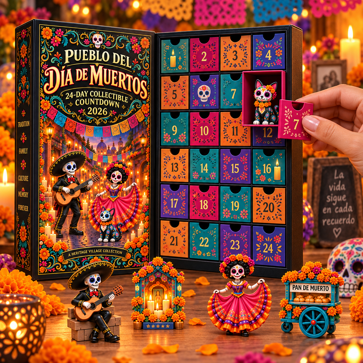 Open countdown box with colorful drawers and a miniature reveal