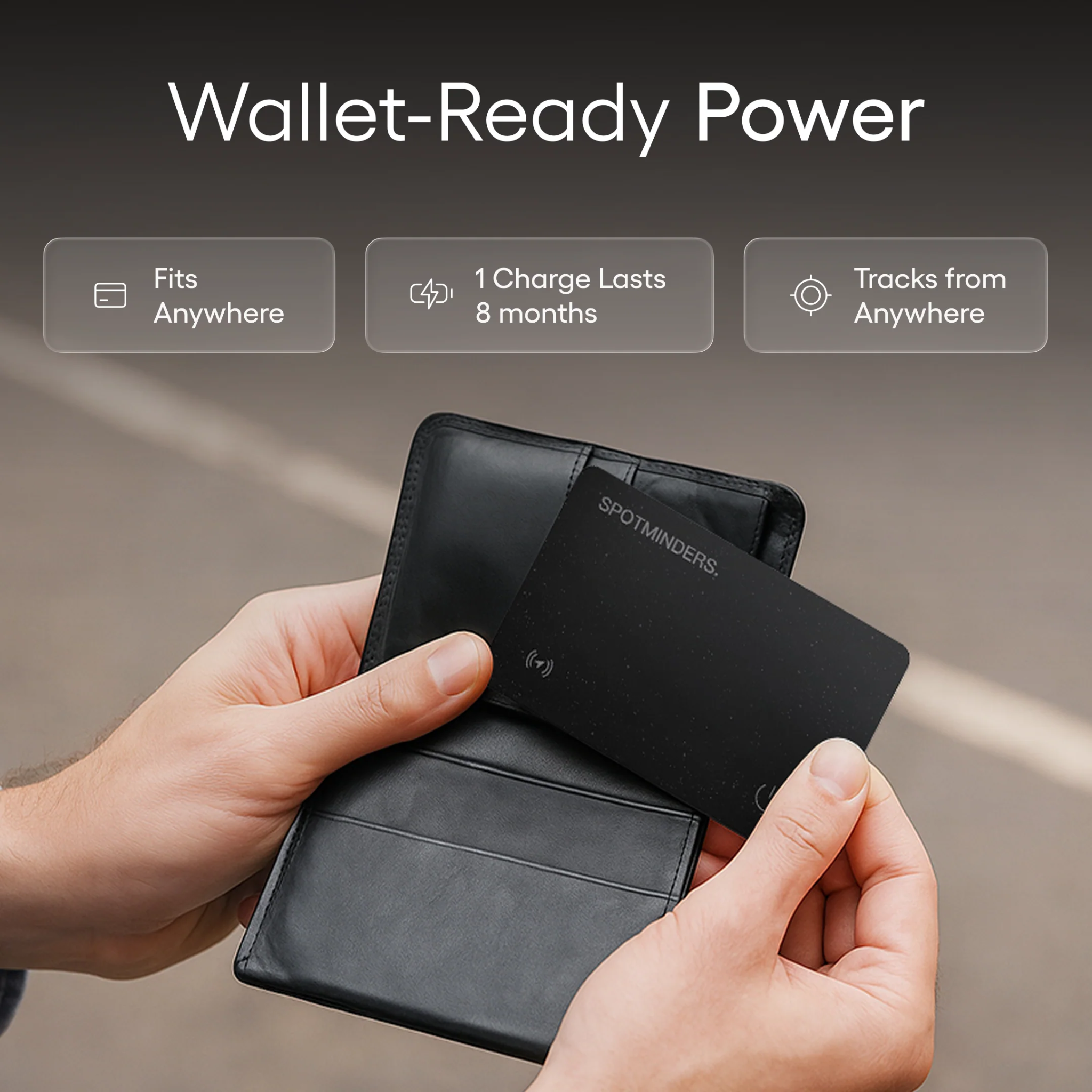 Spotminders tracker card being placed in a wallet