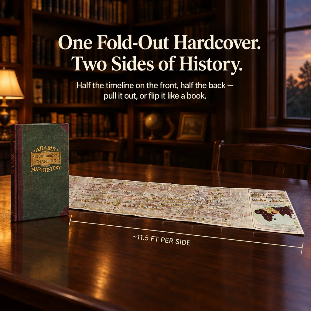 Fold-out history chart spread along a table with hardcover at one end
