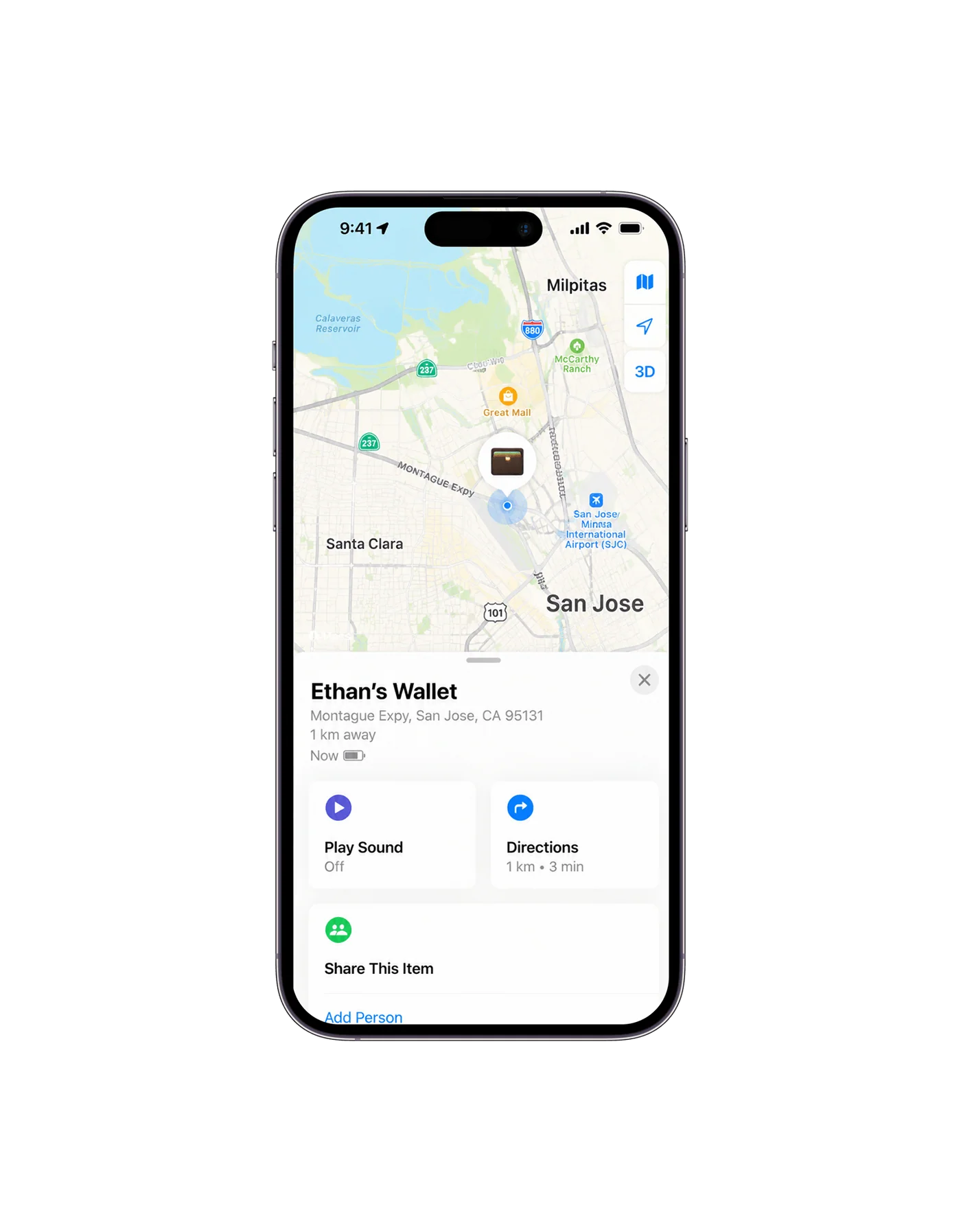 Find My app showing the location of a tracked wallet on a map