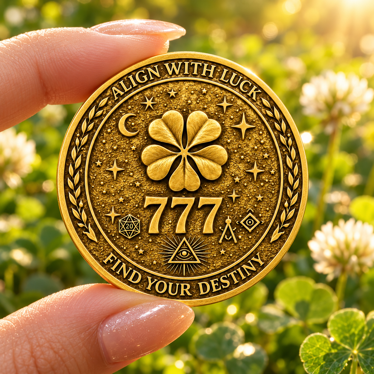 Lucky 777 coin held between fingers in a bright green garden setting
