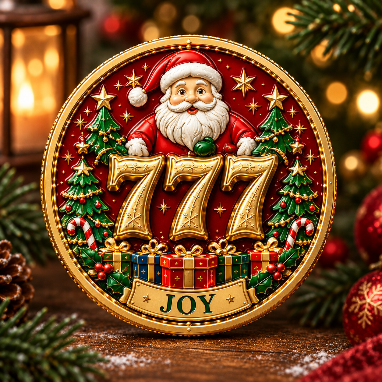 Joy coin featuring Santa Christmas trees and presents
